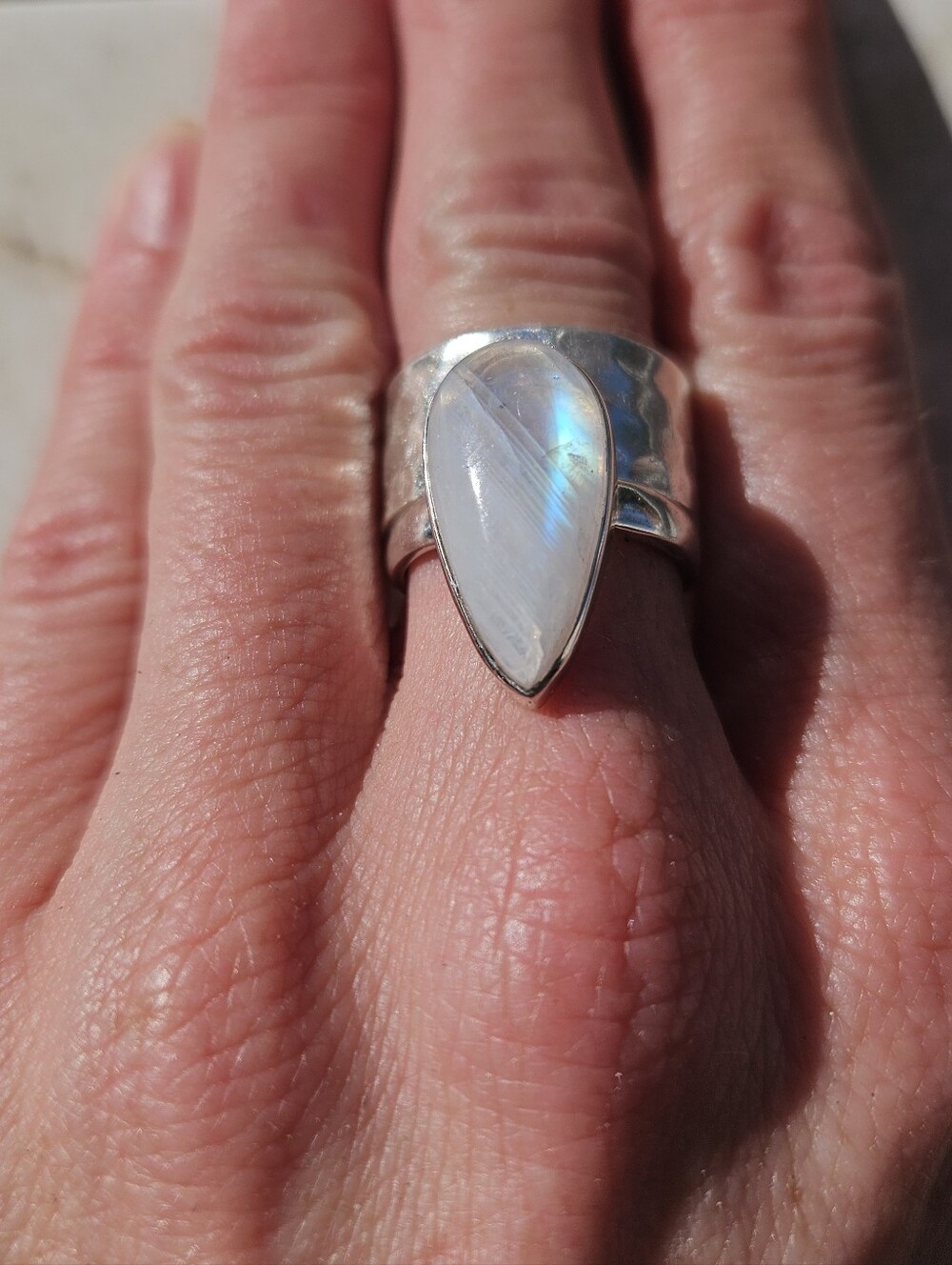 Sterling Silver Pear Shaped Rainbow Moonstone Ring 7